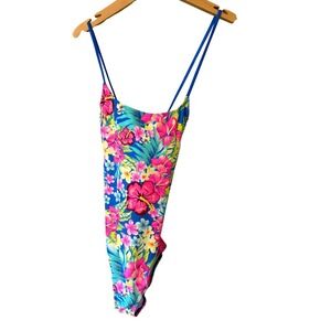 Bongo Juniors XL Cross Back One Piece Swimsuit Blue Tropical Floral Palm Print